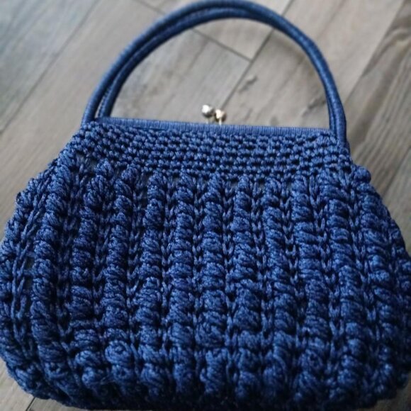 Vintage Caron Original of Houston, Texas Navy Blue Straw like Crochet like Purse - Picture 2 of 5